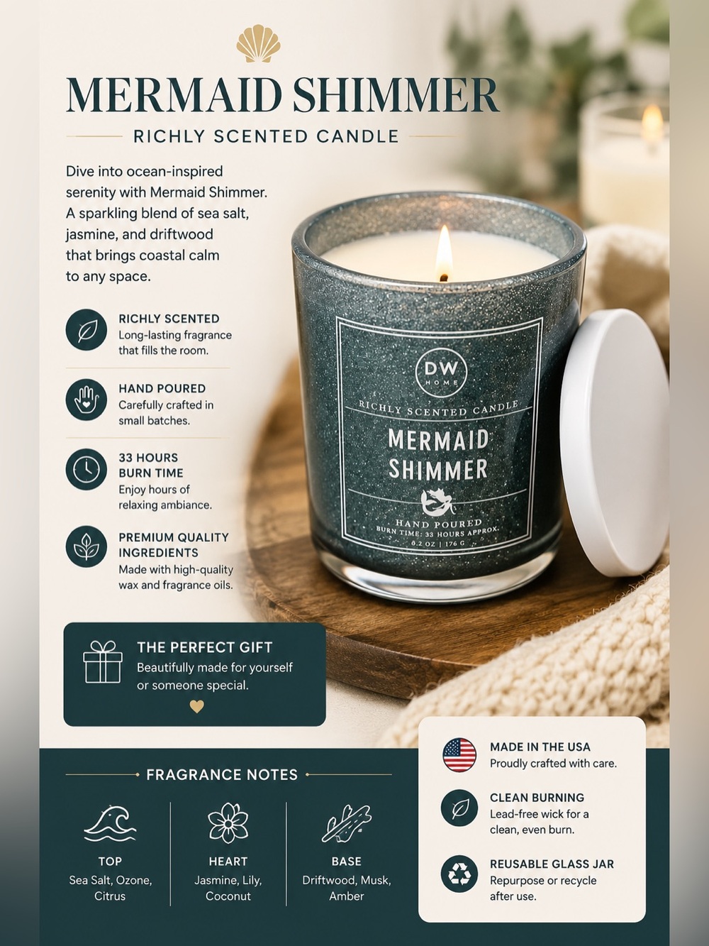 DW Home Teal-Green Shimmer Candle with White Lid clean smell